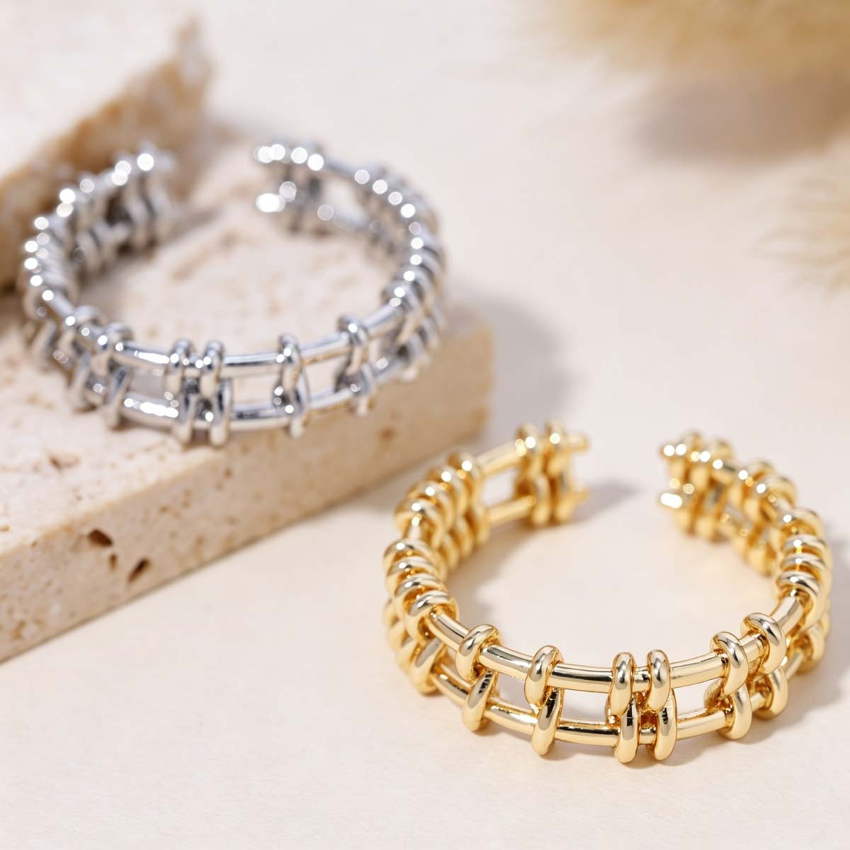 Women's Plated Chain-Link Interlinked Open Ring, Elegant Gift